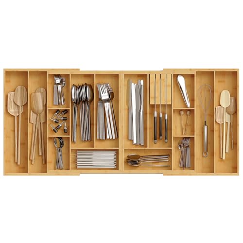 HO0BRO Large Silverware Organizer Kitchen Drawer Organizer, Magnetic Connected Expandable Utensil Organizer From 22 to 35 Inches, Bamboo 16 Slots Cutlery Tray with Knife Holder, Natural YL07TL01