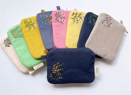 GRAIN HANDMADE, Floral hand drawing little wallet, Linen Little purse, Fabric zipper purse, Linen card purse, Mini coin wallet, Treval mini wallet (Charcoal green)4