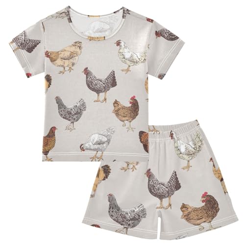 Short-Sleeved Pajamas Cute Chickens Hen Animals Pj Sets Sleepwear Clothes Sets Poultry Pajamas Summer Short Set 10Y