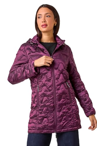Image of Roman Women Padded Longline Coat with Hood - Ladies Zip Through Autumn Winter Long Length Lightweight Quilted Warm Cosy Everyday Zip Up Casual Jackets Coats - Magenta - Size 14