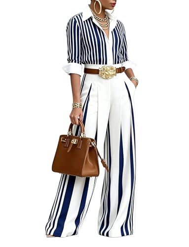 Conjunto de 2 piezas para mujer con camisa a rayas y pantalones casuales