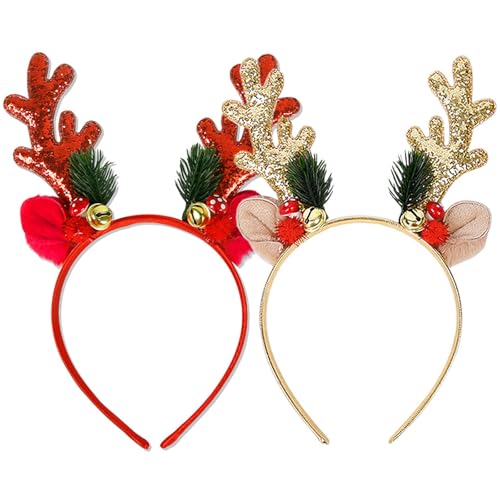 DINGFENG Weihnachtshaarreif 2 Stück Set mit Rentier Geweih & Glöckchen Weihnachts Kopfschmuck Damen Erwachsene Glitzer Stirnband Weihnachten für Weihnachtsparty Festliche...