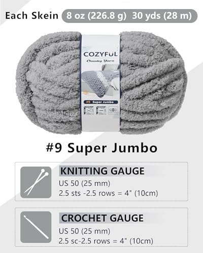 Image of Cozyful Chunky Yarn for Hand Knitting, #9 Thick Jumbo Big Chunky Yarn for Crocheting, Super Chunky Knit Blanket Yarns, Large Chunky Chenille Yarns, 8 Pack (30 yds 8 oz Each Skein), Light Grey