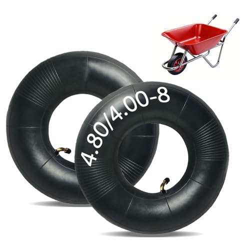 Lot de 2 chambres à air de rechange pour brouette 4.80/4.00-8, pneus de rechange pour roue pneumatique avec une forte capacité de charge, tige de valve incurvée, pour brouette, tondeuse, chariot de