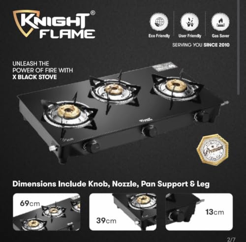 Image of 3 Burner Cute Gas Stove | Manual Ignition | 6mm ISI Approved Toughened Glass | Nylon Knobs | Brass Plated CI Burners | Anti Scratch Pan Supports | Die Cast Tube|Black Cooktop