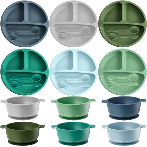 Image of Dandat 24 Pcs Silicone Baby Feeding Set,6 Baby Toddler Suction Bowls 6 Divided Suction Plates with 6 Forks 6 Spoons, Utensils Set for Weaning Infant Feeding and Eating, 6 Styles(Vivid Color)