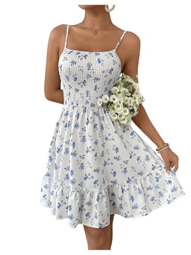 Milumia Women's Summer Floral Mini Dress Smocked Ruffle Spaghetti Strap Flowy Boho Cami Dress