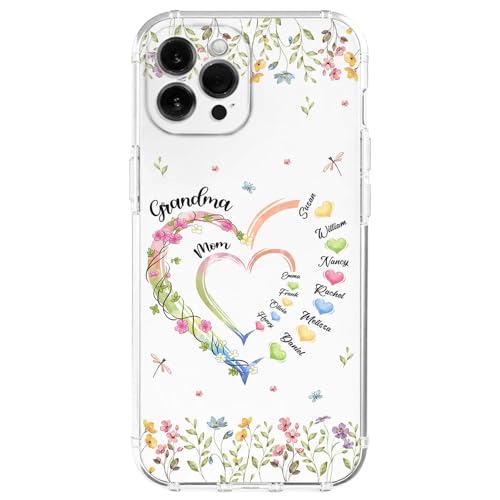 DATTYCAFT Grandma Hearts - Personalized Clear Phone Case, Grandma's Sweethearts Floral Custom Phone Case with Kids Name, Mother's Day Birthday Gifts for Mom, Grandma, Mimi