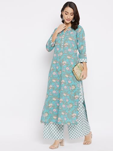 Image of Tissu Women's Cotton Sea Green & Pink Floral Printed Kurta with Palazzo