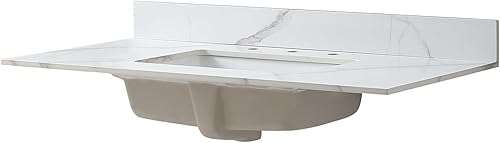 Miniatura 31 de Encimera de tocador de mármol de 43 pulgadas con fregadero, encimera de piedra de ingeniería con fregadero de cerámica y protector contra blanco