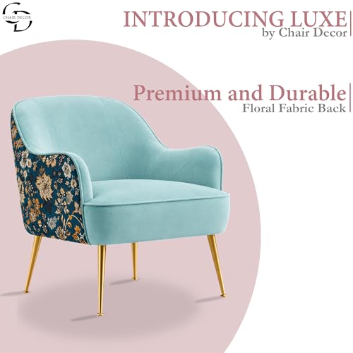 Image of Accent Chair with Ottoman | Modern Velvet Lounge Chair with Floral Designer Back | Upholstered Armchair for Living Room, Bedroom & Cafe | Golden Legs
