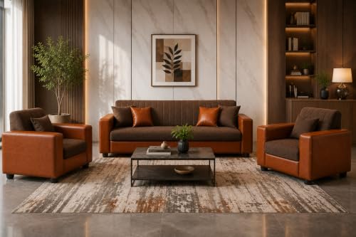 Image of 3+1+1 Sofa Set | 3 Seater Sofa with Two Single Seater Chairs | Premium Fabric & Leatherette Upholstery | Soft Foam Cushions | for Home & Office | Pre-Assembled (Brown and Tan)