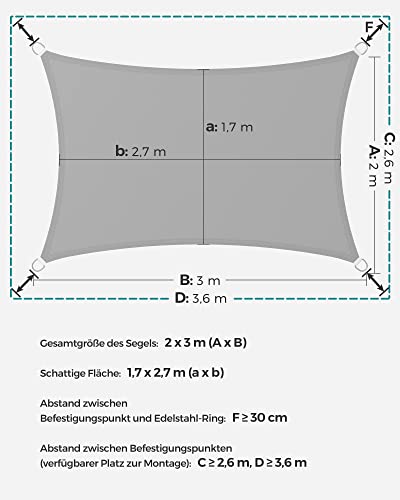 SONGMICS Sonnensegel 2 x 3 m, wasserfest mit Einer Wassersäule von 665 mm, Sonnenschutz aus reißfestem Polyester, UV-Schutz 93%, Terrasse, Garten, Balkon, rechteckig, 2 m Seile, hellgrau GSH23QY 5