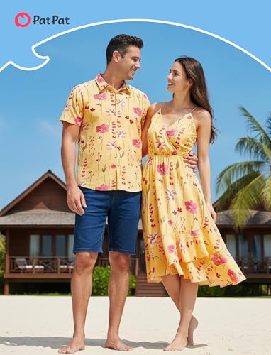 Image of PATPAT Couples Matching Outfits Hawaiian Women Dresses & Men Shirts | Matching Cruise Outfits for Couples, Beach Vacation Outfits, Spaghetti Strap Midi Sundress, Men Boho Tropical Print Shirt