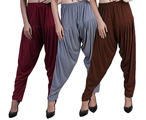 Image of Casuals Women's Regular Fit Viscose Drawstring Patiala Harem Pants Combo Pack 3 (Maroon :: SteelGrey :: Coffy Brown,XXL)
