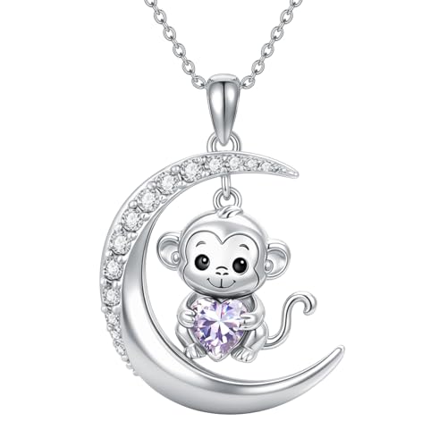 Image of PROESS Animal Birthstone Necklace 925 Sterling Silver Otter /Axolotl /Hippo /Elephant /Dachshund /Monkey /Red Panda Pendant Necklace Animal Birthstone Jewelry Gifts for Women