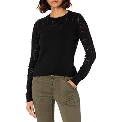 Cable Stitch Women's Pointelle Sleeve Lightweight Sweater Black X-Large Cover