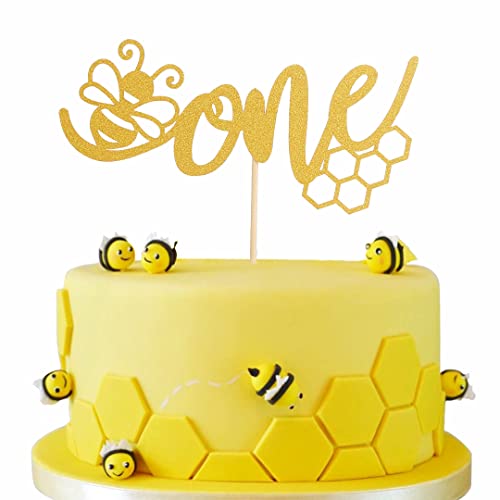 Gold One Bee Cake Topper - First Birthday Bee Cake Topper, Gold Glitter Bumble Bee One Cake Topper for Gender Reveal Baby Shower Party Decorations Supplies, Gold Honey 1st Birthday Cake Topper (bee2)