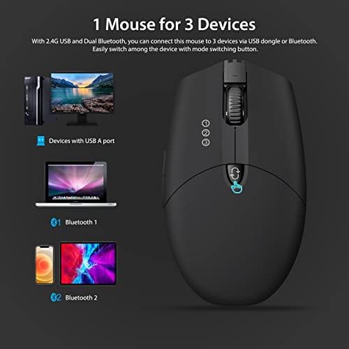 Multi-Device Bluetooth Wireless Mouse with RGB Light, 2.4G USB & Dual Bluetooth Mice Rechargeable Illuminated Mice for PC, Computer, Laptop, MacBook, Tablet,Smartphone, Black