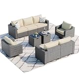 ABCASA Patio Furniture Set with Swivel Chair and Side Table, 6 Piece All-Weather Comfortable Wicker Outdoor Furniture Set with Deep Seat & Comfy Cushion, Patio Conversation Set for Porch,Deck,Beige