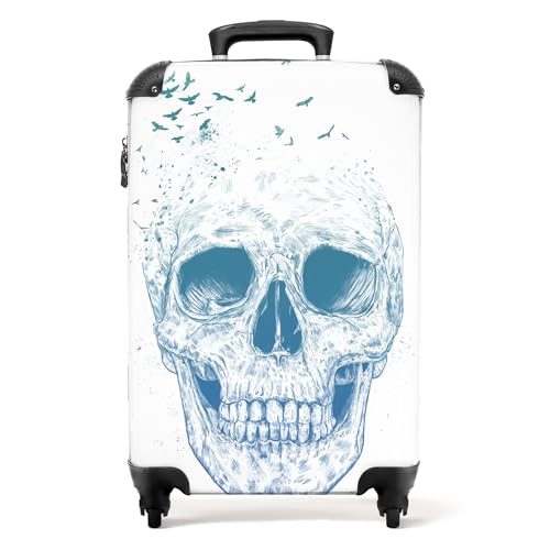 NoBoringSuitcases.com® Koffer Handgepäck Trolley Rollkoffer Kleine Reisekoffer mit 4 Rollen - Schädel - Vogel - Blau - Weiß - Totenkopf - 55x35x20cm - Fotokoffer - Kabinenkoffer - Boardgepäck