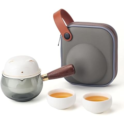 Portable Teapot Tea Set, Travel Ceramic Kungfu Tea for One Set, A Minimalist Cute Look Detachable Side-handle Tea Pot with 2 cup for Tea Lovers Home Hotel Office Outdoor Picnic Cover