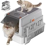 XXXXL Stainless Steel Litter Box with Lid,28.0" L × 20" W × 17" H Extra Large High Sided Cat Litter Box for Multi -Cats,Enclosed Metal Litter Box with Cat Scratcher and Scoop,Grey