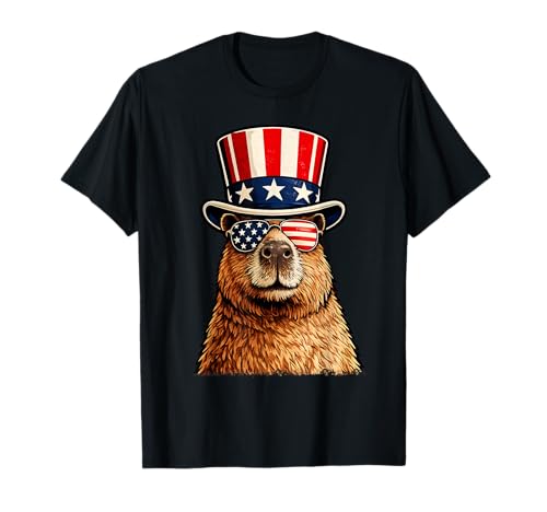 Funny Patriotic Capybara American Flag USA 4th of July T-Shirt