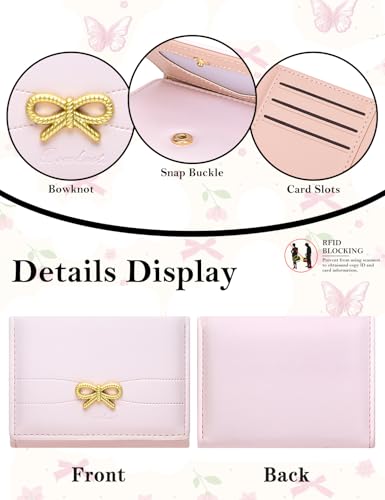 BIAOTIE Coquette Bow Wallet for Women, Small Slim Trifold Womens Wallet with Key chain Cute Aesthetic Card Holder ID Window for Girl (Pink)4