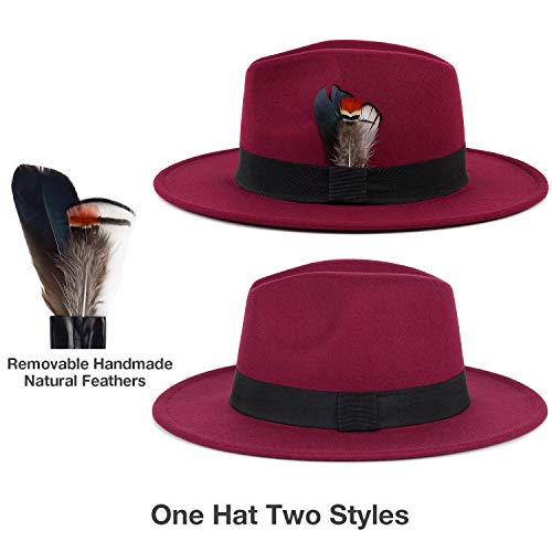 FADACHY Classic Fedora Hat for Men & Women Wide Brim Felt Hat Panama Dress Hat Burgundy Red Fedora