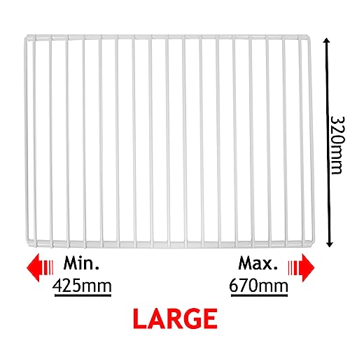 SPARES2GO Universelles Regal für Kühlschrank und Gefrierschrank, verstellbar, weiß, kunststoffbeschichtet, ausziehbare Arme (groß, 425 mm – 670 mm x 320 mm)