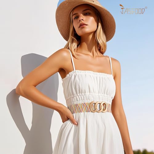JASGOOD Wide Straw Woven Stretchy Belt for Women Boho Braided Elastic Dress Waist Belt for Ladies,Multicolor2