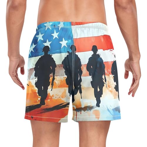 Mens Swim Trunks with Liner, Soilder American Flag Cool Quick Dry Beach Swim Shorts, Swimwear Bathing Suits S2