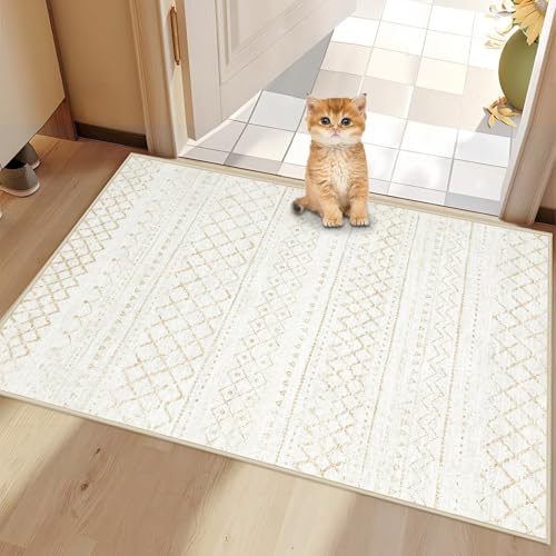 Area Rug 2x3 Entryway Rug, Washable Geometric Boho Area Rug, Non-Slip Non-Shedding Soft Low-Pile Indoor Door Mat, Small Throw Rug for Bedroom Kitchen Entryway (Beige,2' x 3')