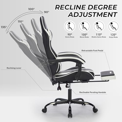 Image of Gaming Chair with Footrest for Home Office - High Back Computer Chair with Headrest and Lumber Support, Ergonomic Height Adjustable Leather Game Chairs (Black+White)