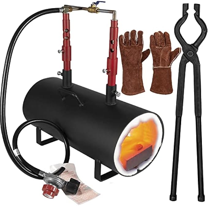 Propane Gas Forge, Double Burner Blacksmithing Forge Large Capacity Forge, Oval Propane Burner Forge with 16.85‘’ V-Bit Tongs & Leather Welding Gloves for Farrier, Knife and Tool Making