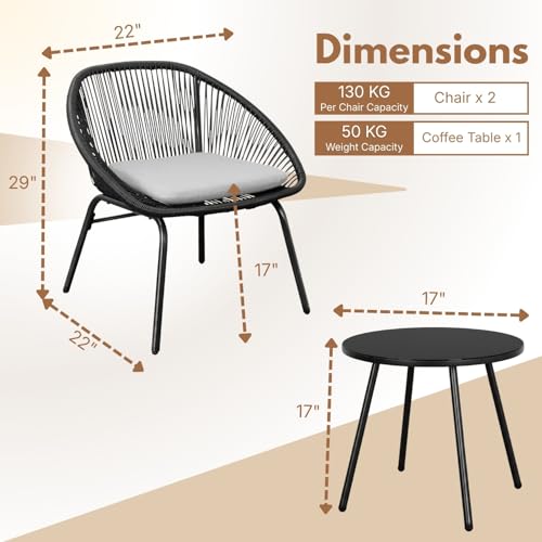 Image of DEVOKO 3-Piece Outdoor Rope All-Weather Water-Resistant Cushion with Glass Top Table Metal Frame Perfect for Garden, Balcony, Terrace, Patio(Black & Grey)