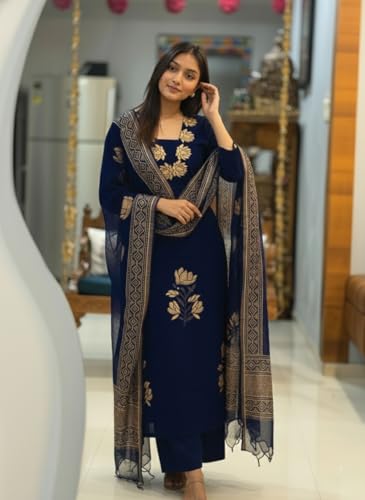 Image of ANNI Designer Women's Rayon Viscose Straight fit Printed Embroidered Kurta with Pant & Dupatta | Ethnic Kurta Set for Women | Daily, Office & Festive Traditional