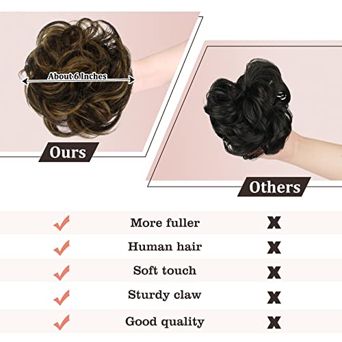 Claw Clip Messy Bun Hair Piece 100% Real Human Hair Buns Wavy Curly Chignon Hair Bun Extensions Tousled Updo Hair Buns Claw Clip Ponytail Hairpieces Hair Scrunchie With Clip For Women(Golden Chestnut With Gold Bronze Highlights) #TOP2