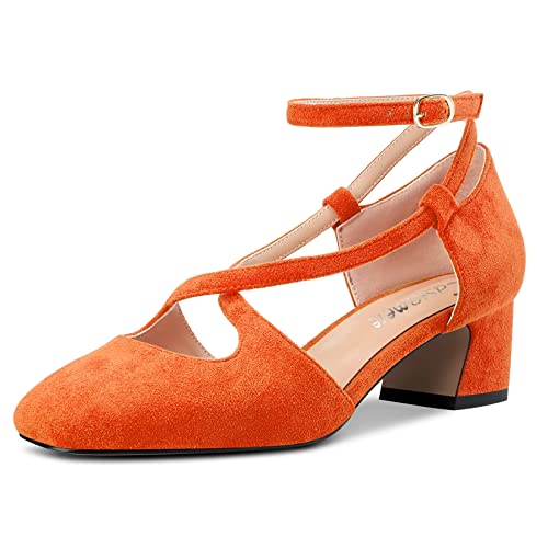 Castamere Mujer Medio Chunky Ancho Heel Cuadrada Punta Correa Cruzada Pumps Fiesta Cute Zapatos Naranja Ante 37 EU