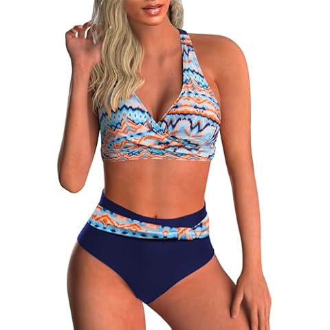 Adigaber Women's Two Piece Swimsuits Criss Cross Top Bikini High Waisted Bottom Tummy Control Bathing Suits Vintage Print Swimwear Multicoloured Cover