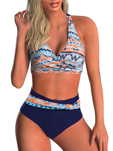 Adigaber Damen Zweiteiliger Badeanzug V Ausschnitt überkreuztes Blumenmuster Bikini Bademode Bauchkontrolle Bikini Sets