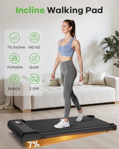 bigzzia Walking Pad Treadmill with Incline, 2.5HP Under Desk Treadmills for Home, Speed 1-8km/h, Compact & Quiet Walking Machine with Remote Control, 130kg Weight Capacity