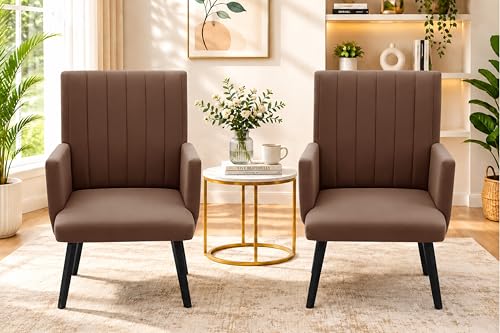 Image of Rosebell Modern Velvet Office Chairs Set of 2 with Armrests & Metal Legs | Upholstered High Back Leisure Chairs for Living Room, Bedroom, Office, Cafe & Dining Room | Brown