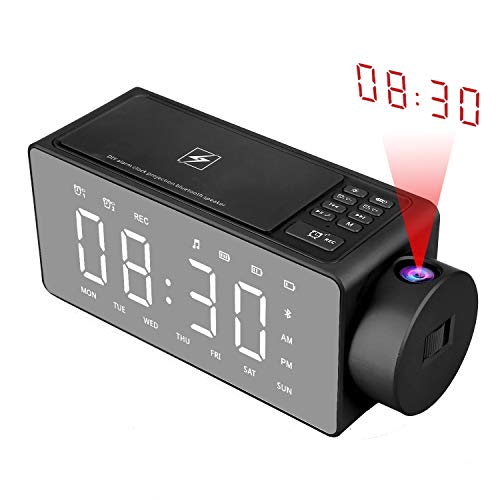 Htterino Projection Alarm Clock Bluetooth Speaker with Wireless Charging DIY Ringtone,One-Click Snooze,Bluetooth Call