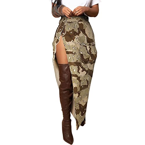 Jupe longue cargo camo kaki taille 48 pour femmes avec poches