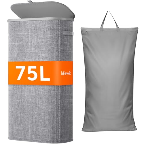 Image of Lifewit Slim Laundry Basket with Lid, Narrow Large Laundry Hamper with Plastic Handles and Removable Bag, Tall Foldable Dirty Clothes Hampers for Laundry Room, Bedroom, Bathroom, Dorm, 75L Gray