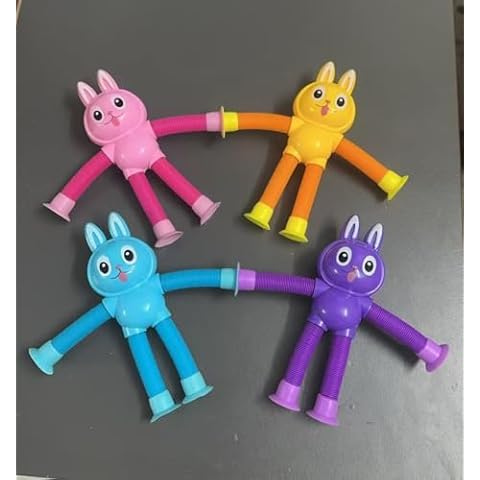 Pop Tubes Skeleton Fidget Toys for Kids, 4Pack Fidget Sensory Toys Telescopic Suction Cup Toy for Stress and Anxiety Relief, Easter Basket Stuffers Gift for Kids and Toddlers (4Pack Rabbit) Cover