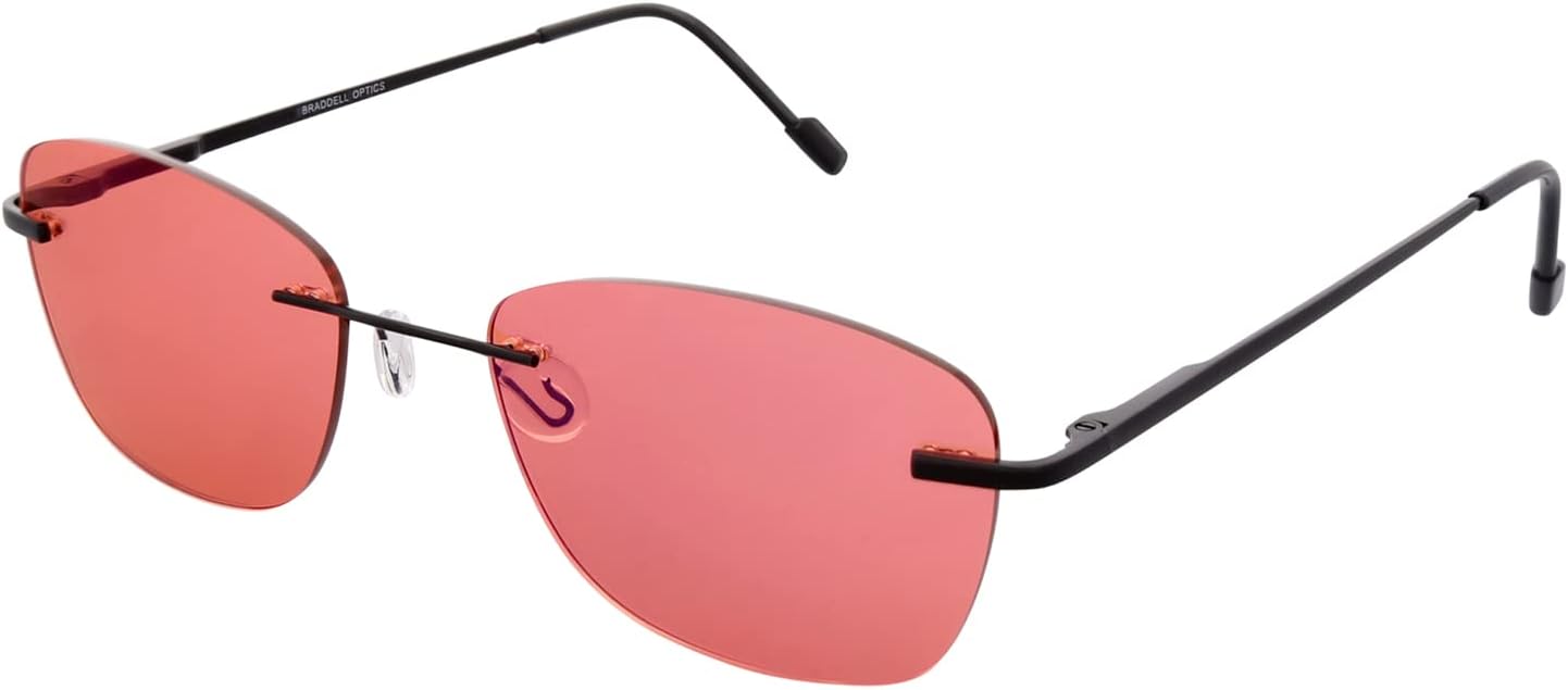 BRADDELL FL-41 Rose Tinted Migraine Light Sensitivity Rimless Glasses for Fluorescent LED Glare, Photophobia and Eye Strain
