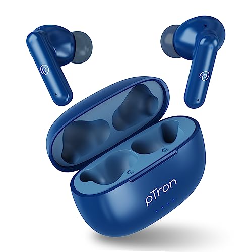 pTron Bassbuds Zen In-Ear TWS Earbuds with Quad Mic TruTalk ENC Calls, 50Hrs Playtime, Bluetooth 5.3 Headphones with Mic, Deep Bass, Game/Music Modes, Touch Control, Type-C Fast Charging & IPX4 (Blue)